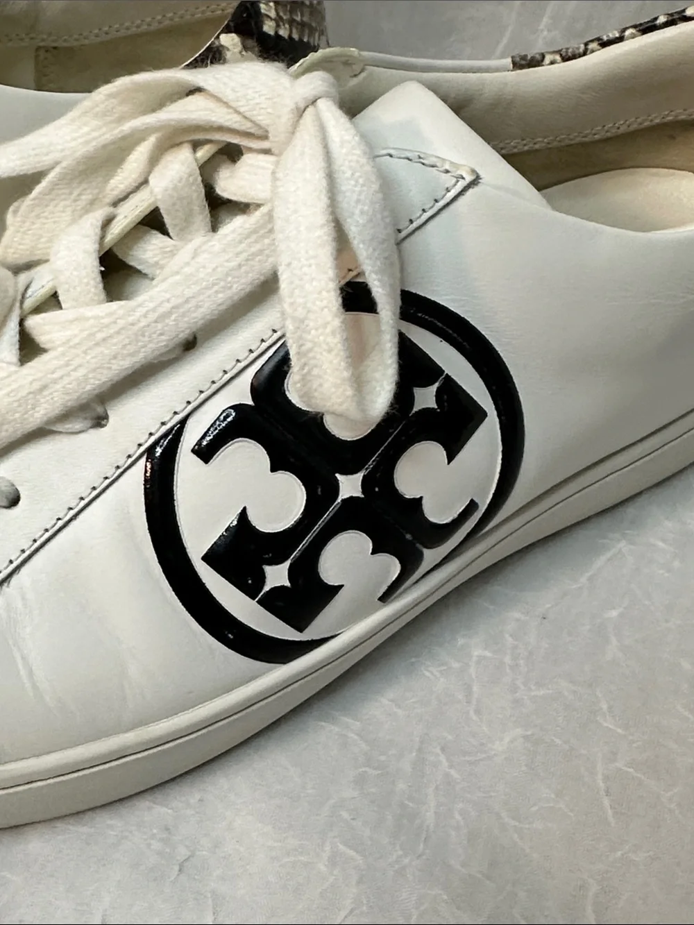 Tory Burch Leigh White Leather Sneakers with Black T Logo and Snake-Print Heel